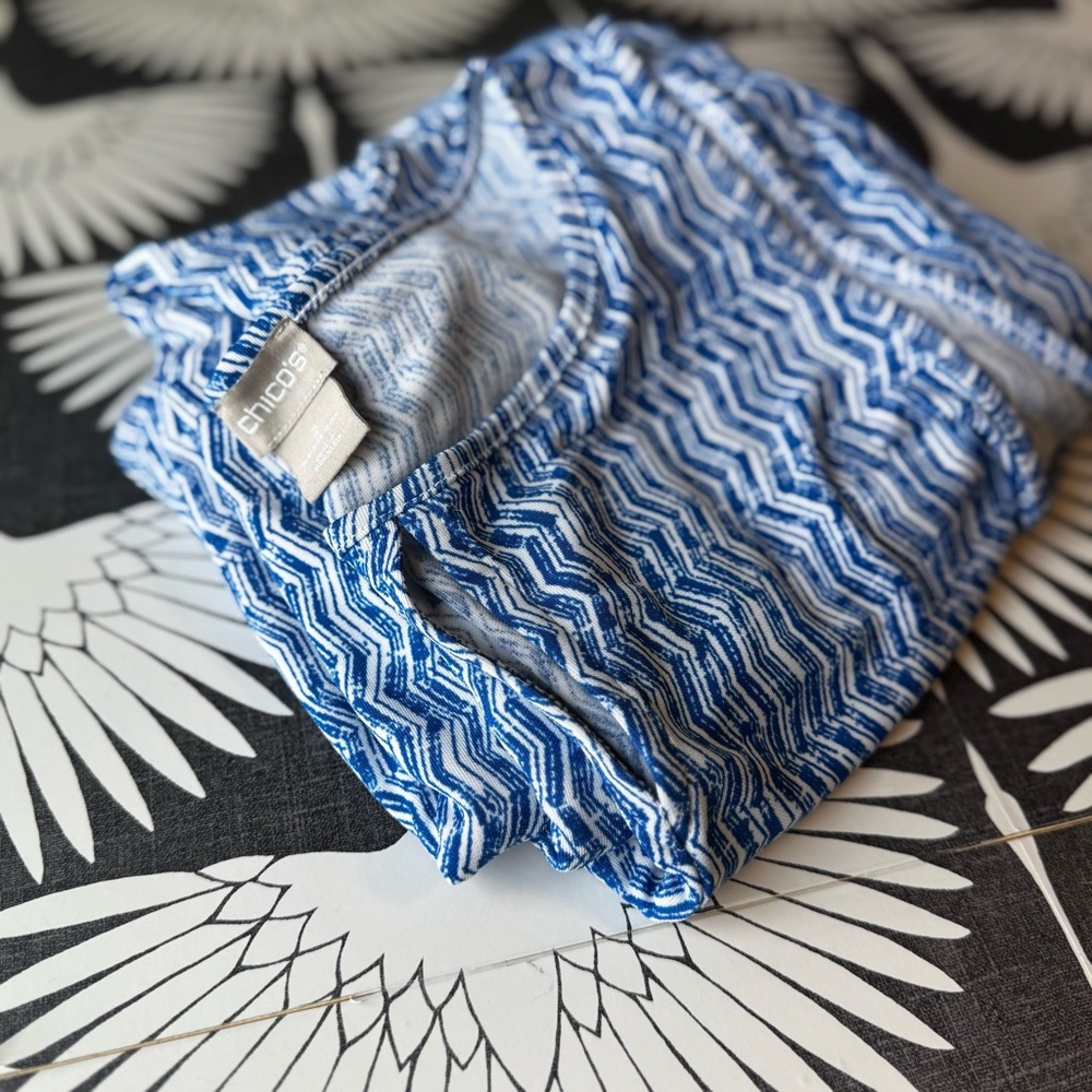 Chico's Dress Size 2/L/ 12 14 Blue White Maxi Chevron Print Tiered Stretchy - Picture 11 of 13